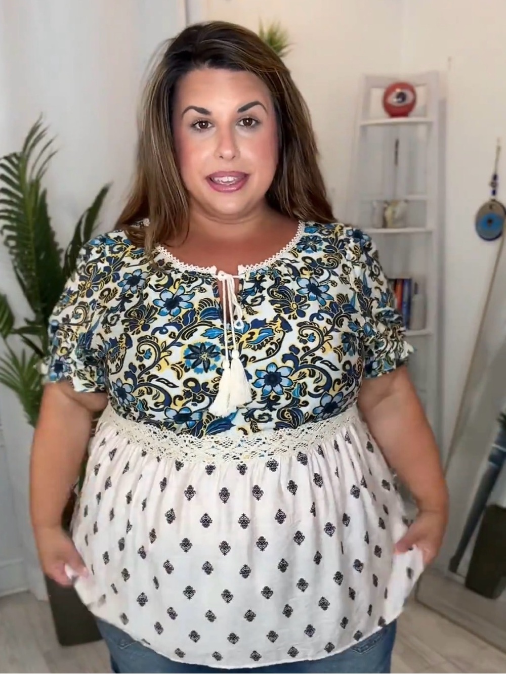 Plus Boho Floral Print Peasant Top in Blue and Cream